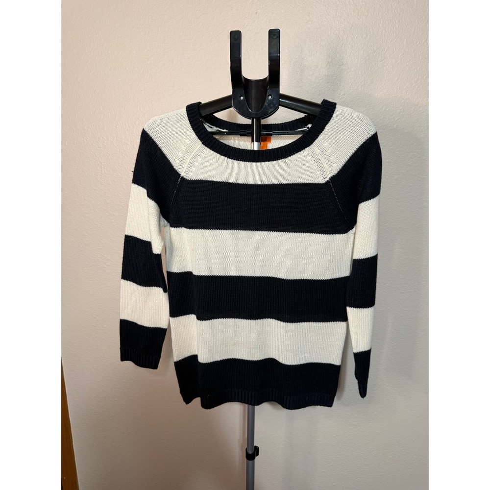 Joe Fresh Navy Blue White Striped Crew Neck Raglan Sleeve Knit Sweater Small